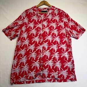 AllSaints Hawaiian Camp Shirt XL Red Palm Tree Resort Vacation Viscose Tropical